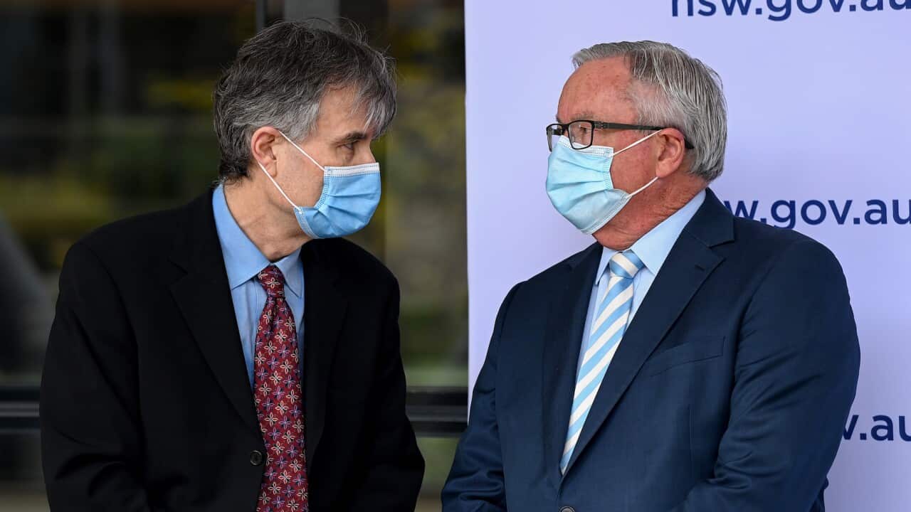 Dr Jeremy McAnulty and Minister Brad Hazzard, credit: AAP Image/Bianca De March)