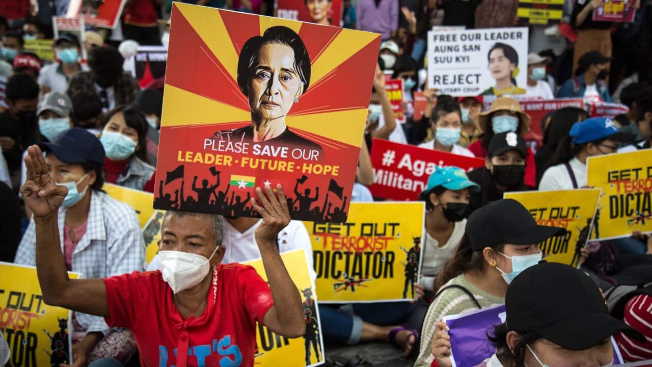 Protesters take to the streets of Yangon to protest against the military coup and demanded the release of Aung San Suu Kyi on 19 February.