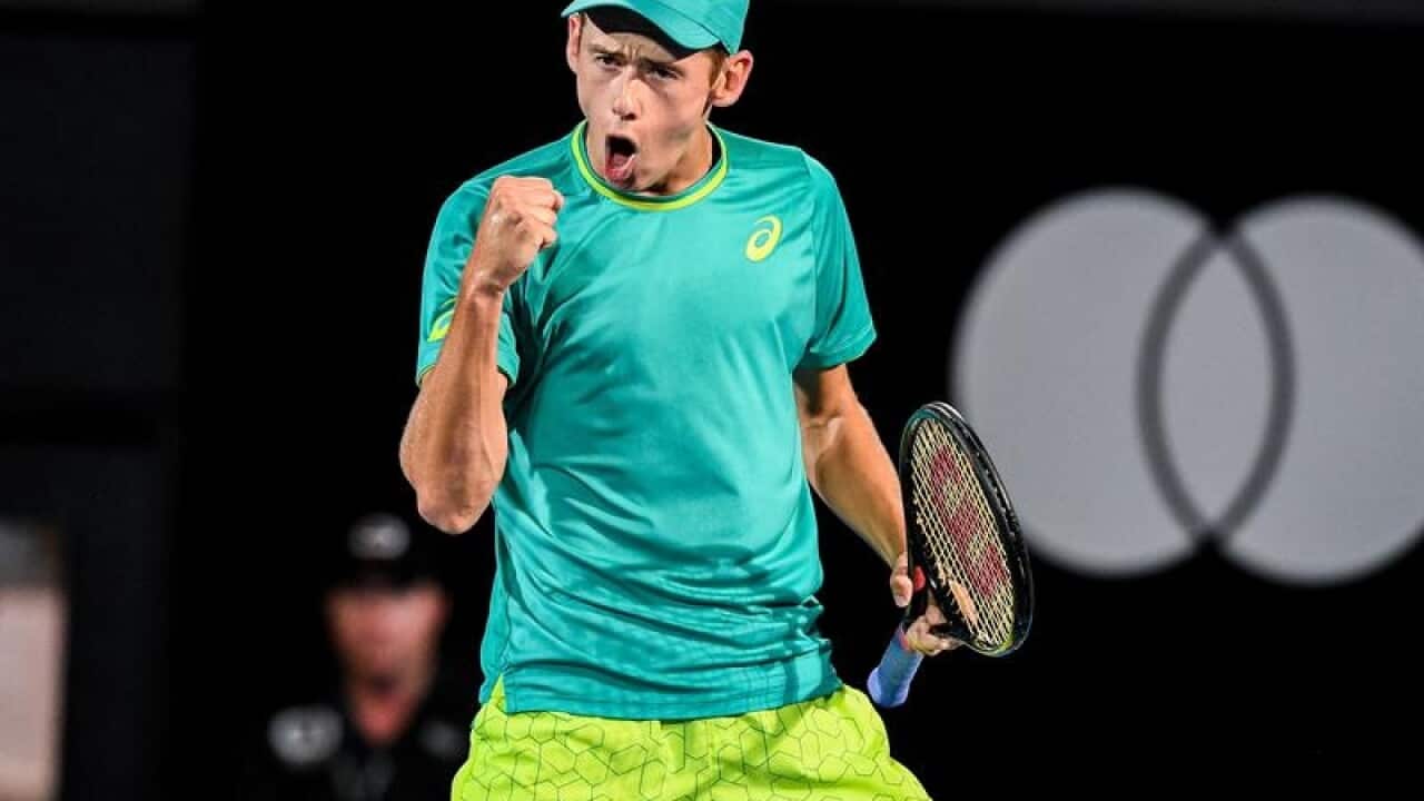 Alex De Minaur of Australia reacts against Feliciano Lopez.