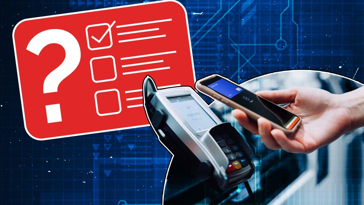 A composite image showing a hand using a mobile phone to pay at an ATM machine