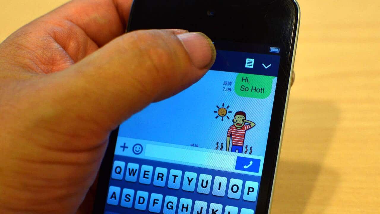 Line messaging app, man uses sticker