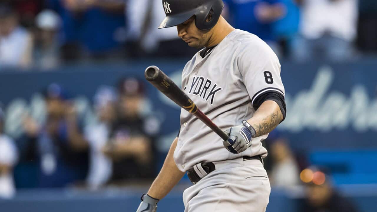 New York Yankees' Gary Sanchez reacts