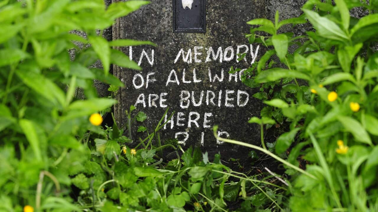 A note painted on the site of a mass grave of up to 800 children at the former home in Tuam