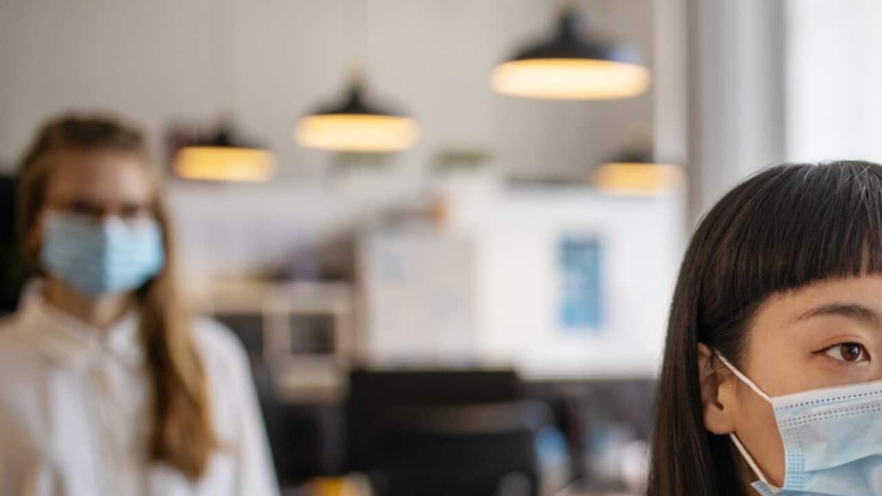 Employees going through mandatory temperature checks in office
