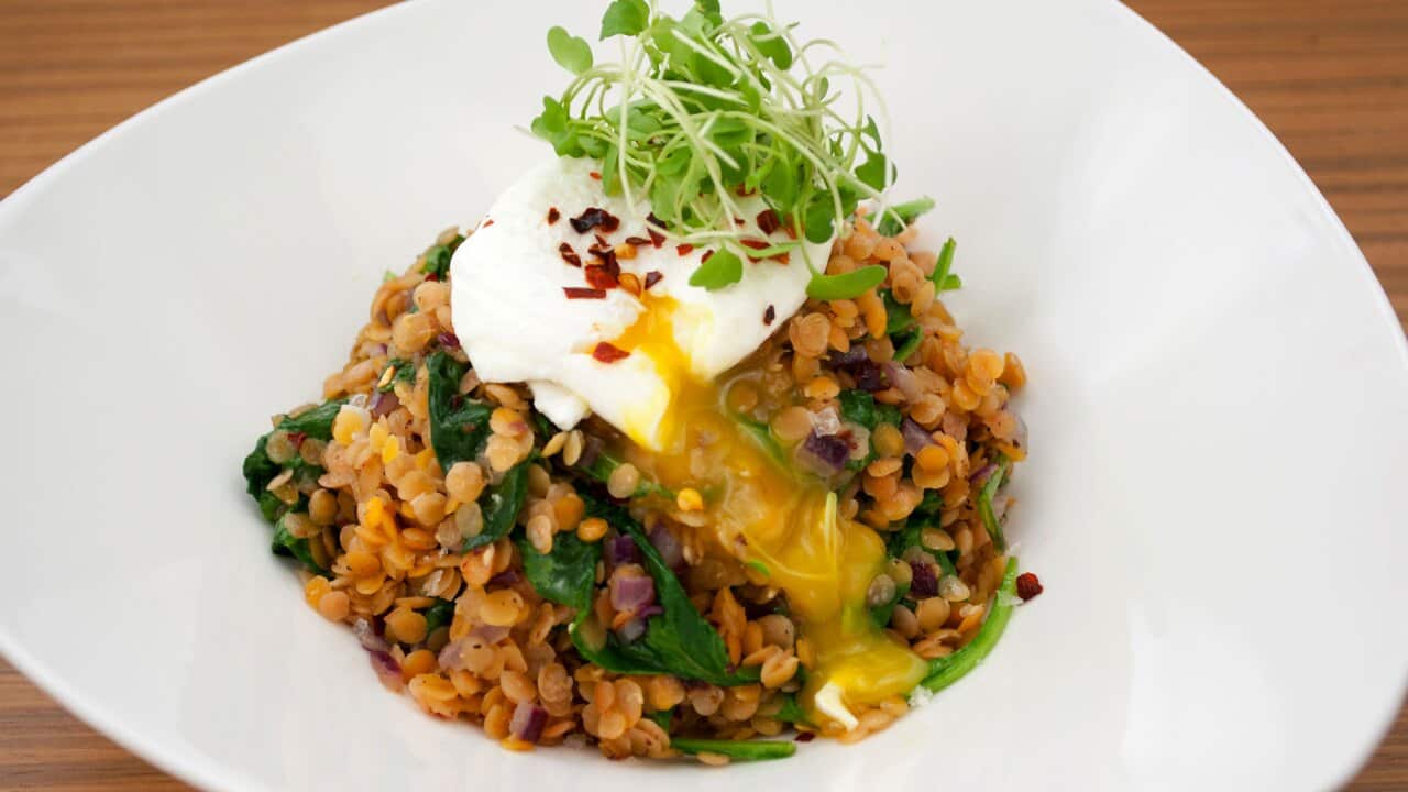 Spiced red lentils with egg