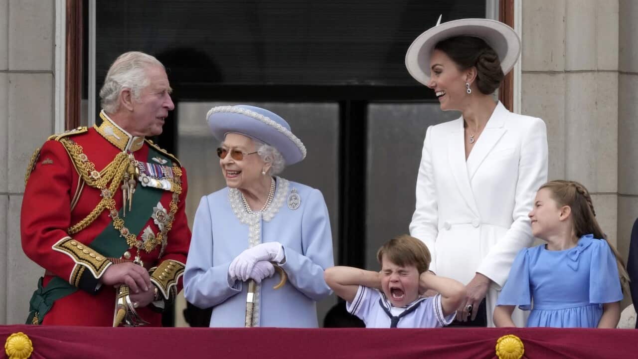 The Queen and other members of the Royal Family on the balcony at Buckingham Palace