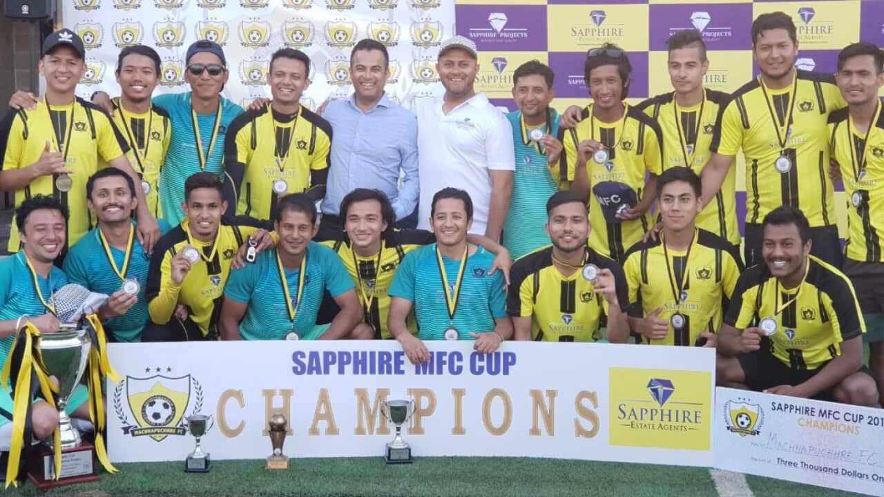 Machhapuchhre FC players celebrate their victory at MFC Cup 2018 in Sydney.
