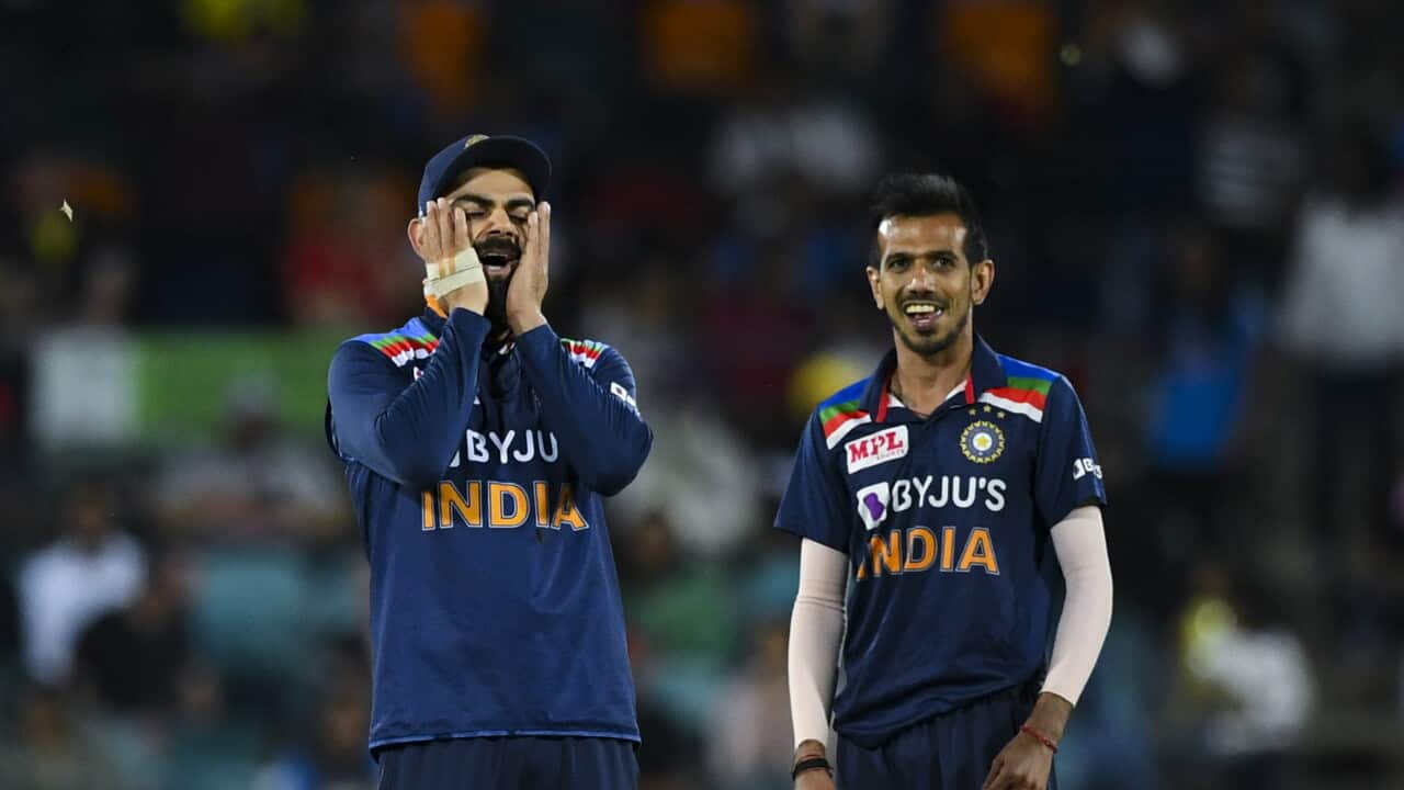 Virat Kohli of India reacts during the first T20 cricket match between Australia and India at Manuka Oval, Canberra, Friday, December 4, 2020.