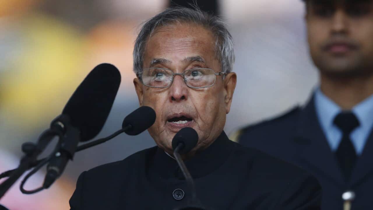 Pranab Mukherjee speaks during the memorial service for former South African president Nelson Mandela in Soweto near Johannesburg in 2013.
