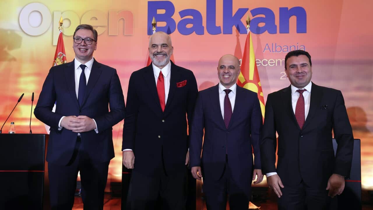 Serbian PM Aleksandar Vucic, Albanian PM Edi Rama, Deputy Minister of Finance of North Macedonia Dimitar Kovacevski, and North Macedonia's PMZoran Zaev