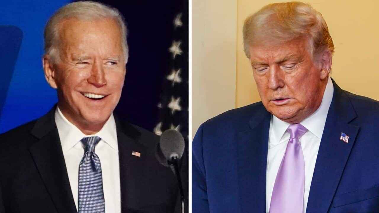 Joe Biden smiles and Trump looks concerned