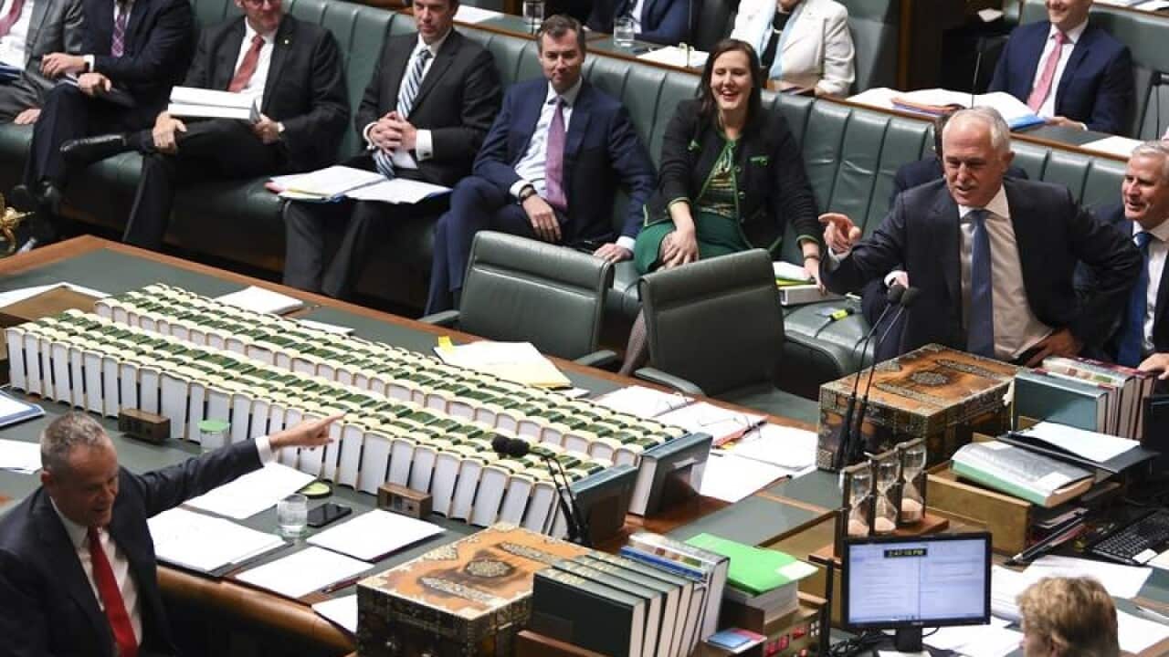 Malcolm Turnbull and Bill Shorten point at each other in parliament.