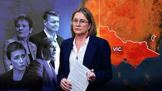 A graphic of Jacinta Allan cut out against political rivals to her left and a map of Victoria to her right.