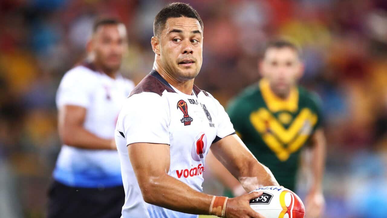 Jarryd Hayne runs the ball during the 2017 Rugby League World Cup Semi Final match between the Australian Kangaroos and Fiji at Suncorp Stadium on November 24.