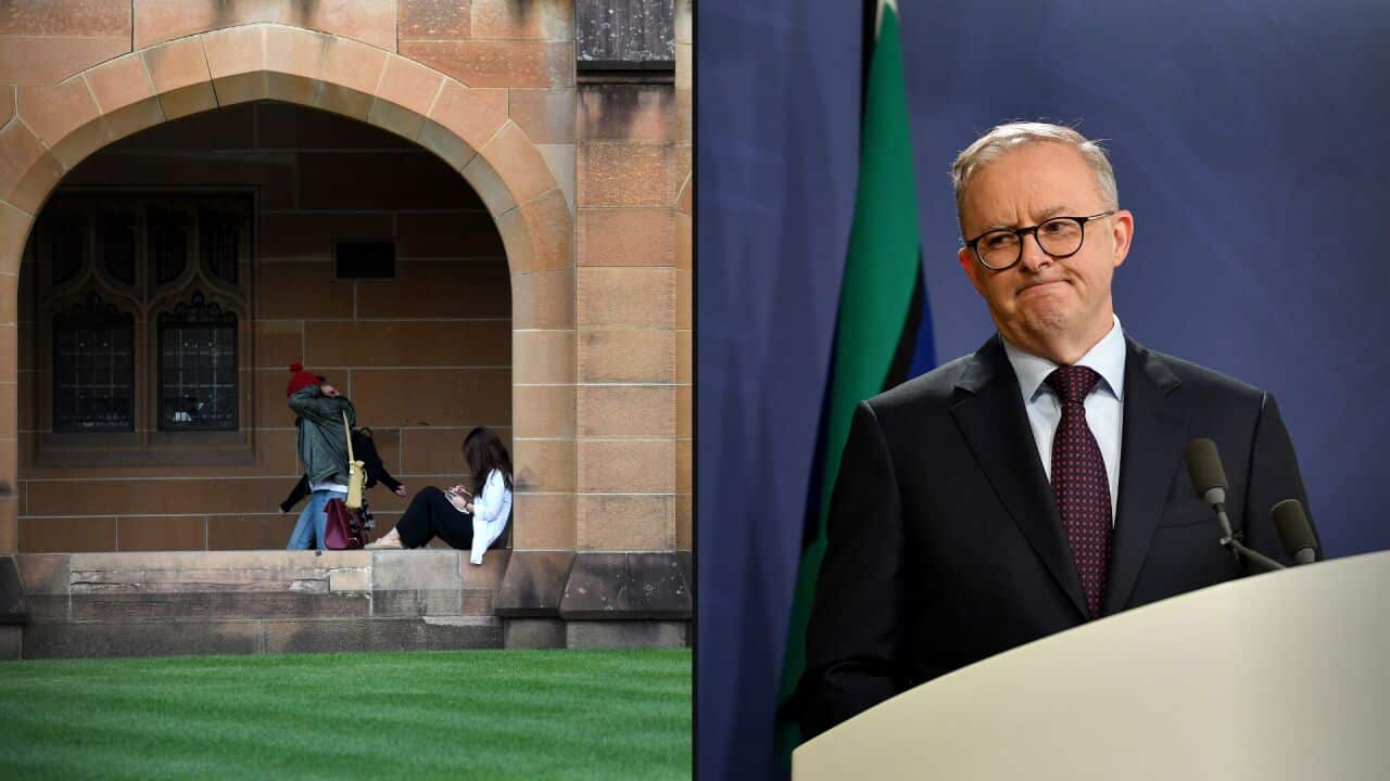 Composite image of students on a university campus on the left, and Anthony Albanese on the right