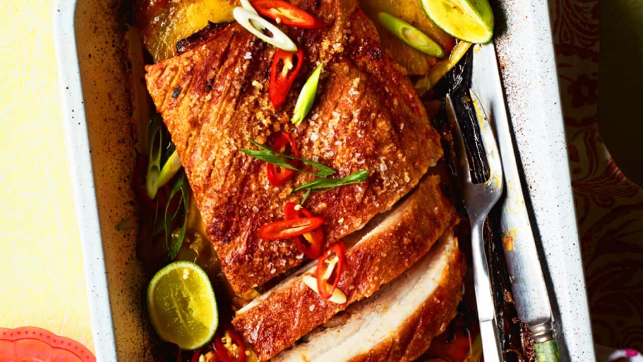 Roasted pork belly with pickled green mango