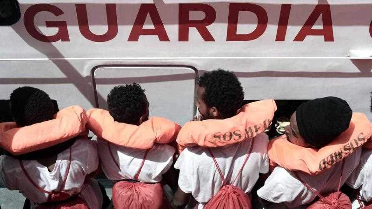 Some of the 629 migrants on board the rescue vessel in the Mediterranean