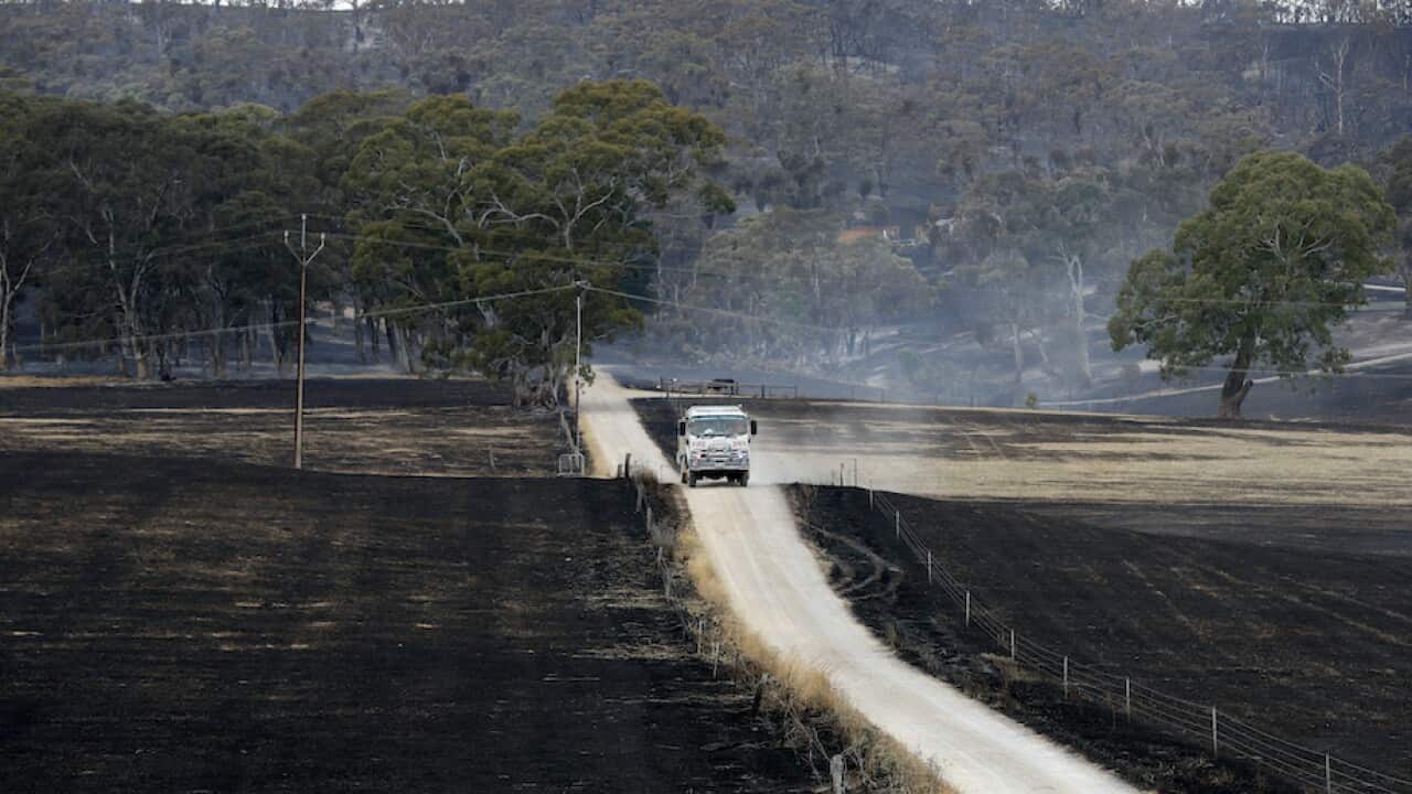 A CFS unit drives down a first road at Charleston in Adelaide, Sunday, December 22, 2019. The Cudlee Creek fire has burnt through 25,000 hectares within a 127 kilometre perimeter in the Adelaide Hills. (AAP Image/Kelly Barnes) NO ARCHIVING