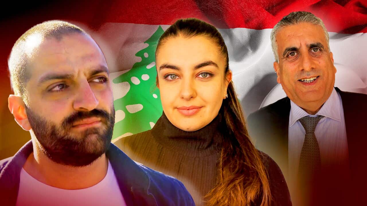 Graphic of three Lebanese-Australians with a Lebanese flag as a backdrop