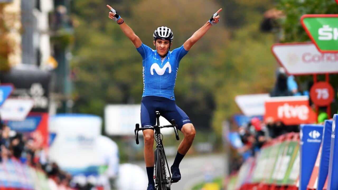 Marc Soler celebrates his Stage 2 victory at the 2020 Vuelta a Espana