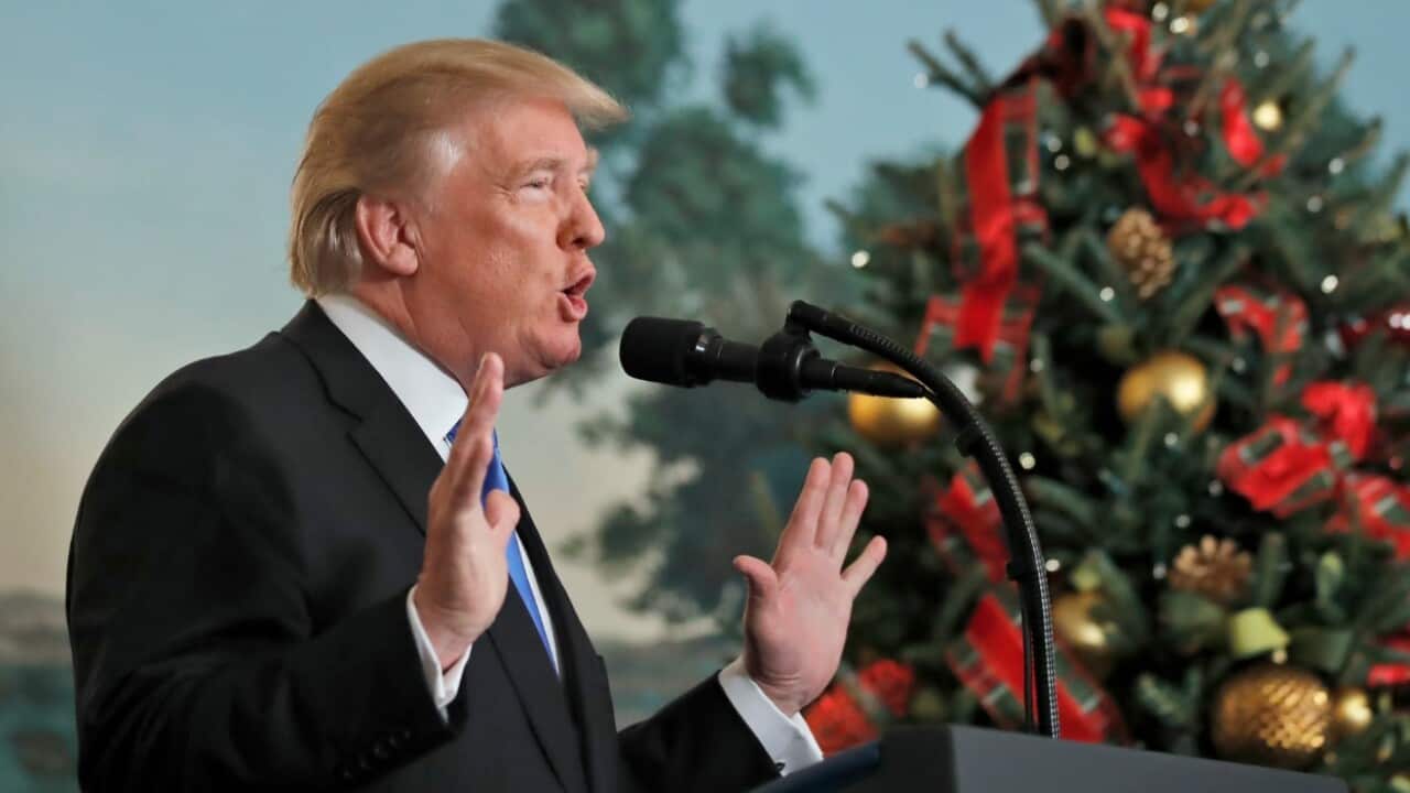 President Donald Trump speaks in the Diplomatic Reception Room of the White House