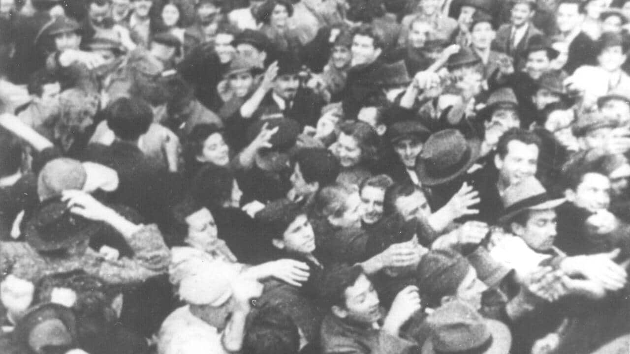 People celebrate the liberation of the Serbian capital Belgrade in World War II, on 20th October 1944