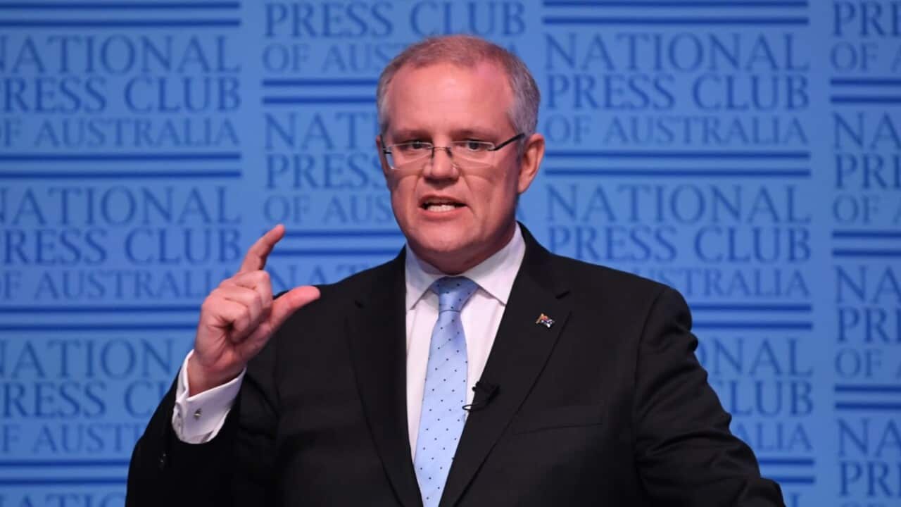 Australian Federal Treasurer Scott Morrison delivers his post-budget National Press Club address at Parliament House Great Hall in Canberra on May 10