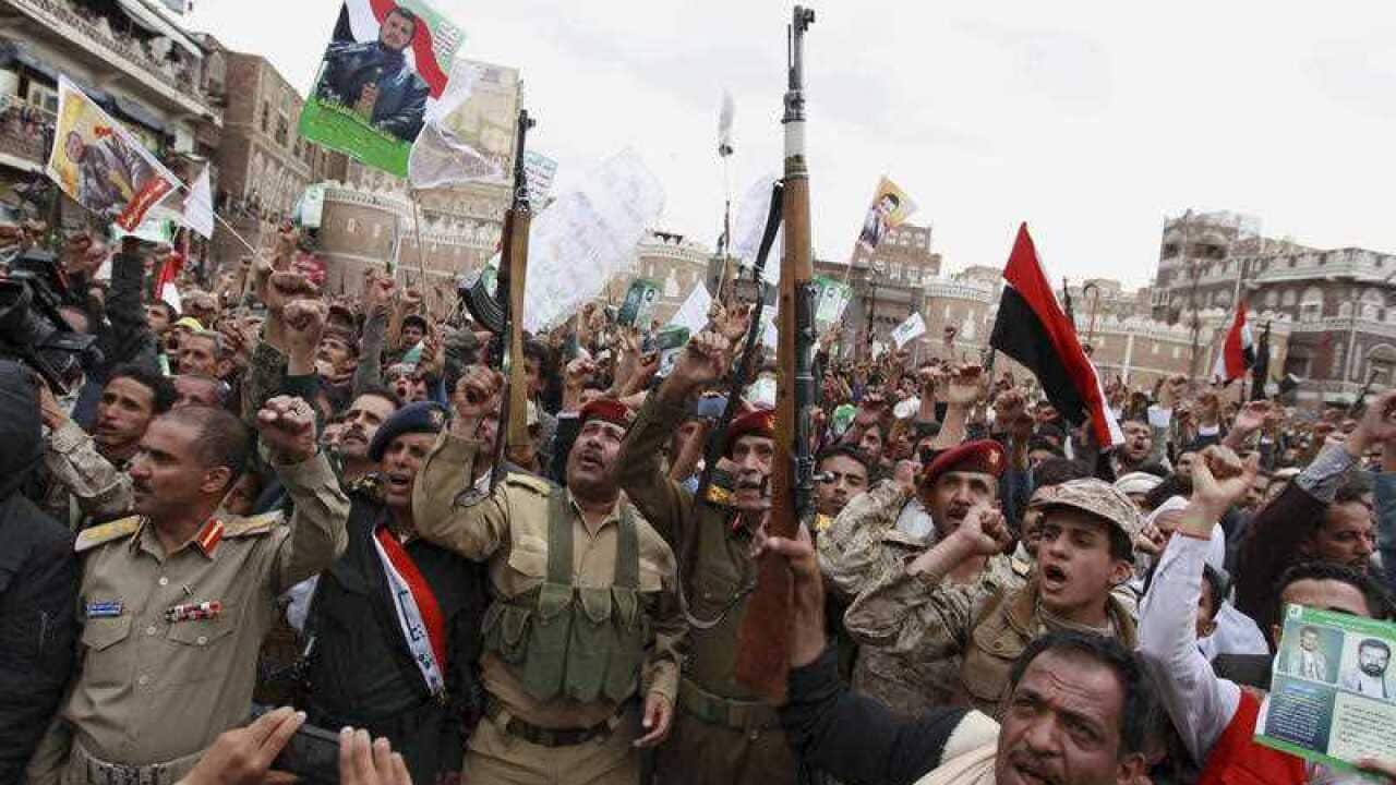 Shiite rebels, known as Houthis, gather to protest against Saudi-led airstrikes, during a rally in Sanaa, Yemen (AAP)