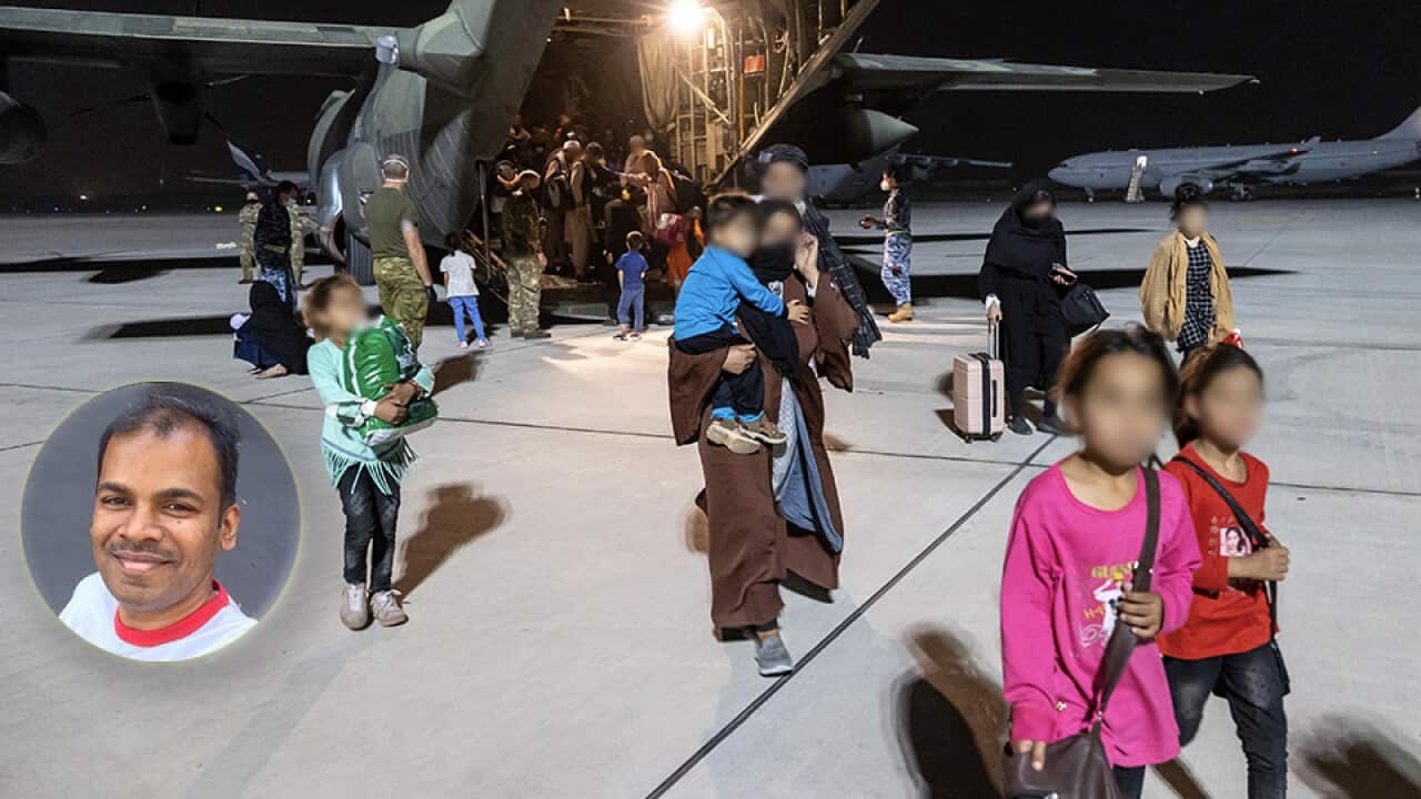 Evacuees from Afghanistan disembarking a Royal Air Force C-130 Hercules at Australia’s main operating base in the Middle East.(AAP) Inset: Karthik Velu