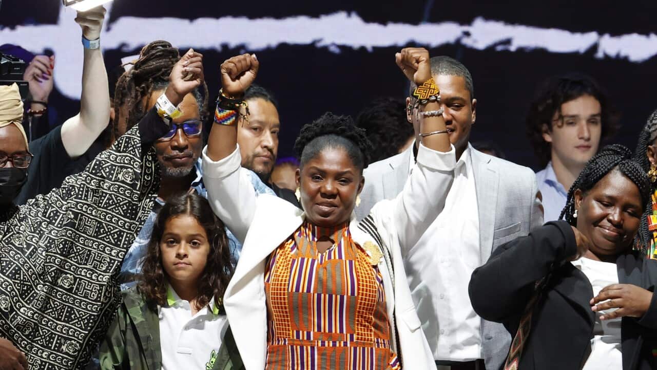 The vice president elect of Colombia Francia Marquez (centre) speaks to supporters during an event at the Movistar Arena in Bogota, Colombia on 19 June 2022.