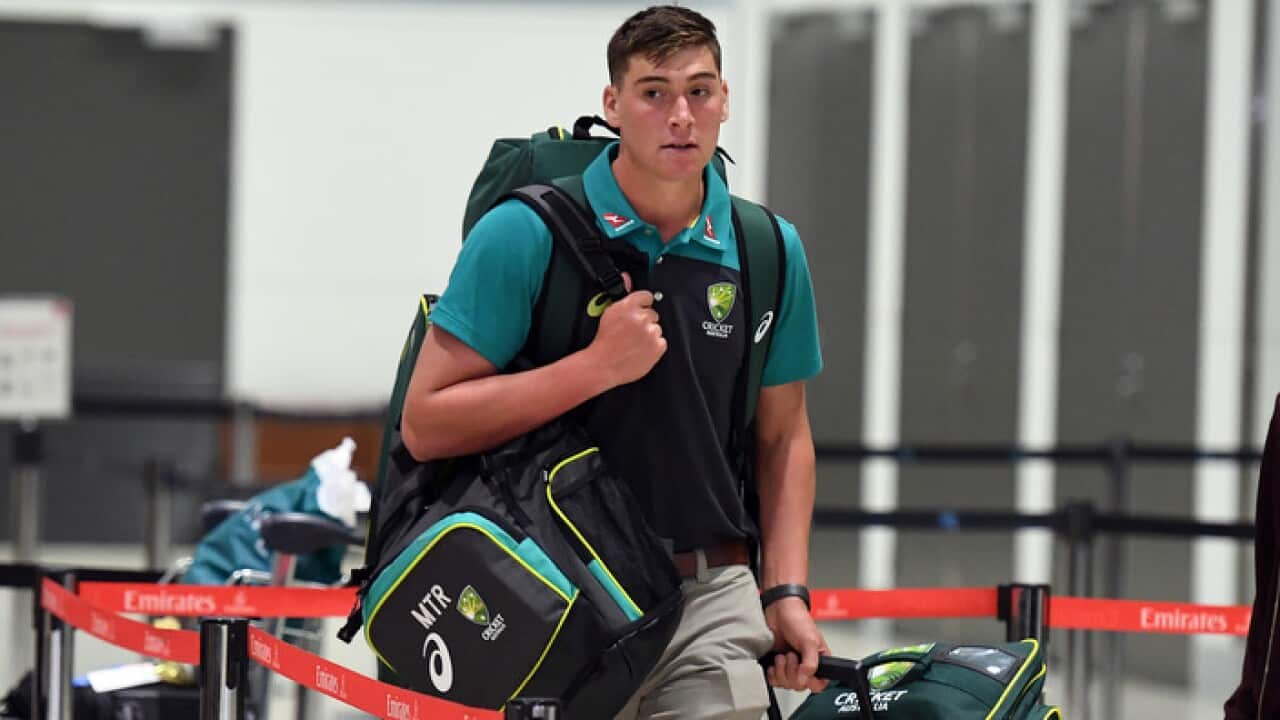 Australian cricketer Matthew Renshaw is seen at the International airport in Brisbane, Tuesday, March 27, (AAP Image/Dan Peled)