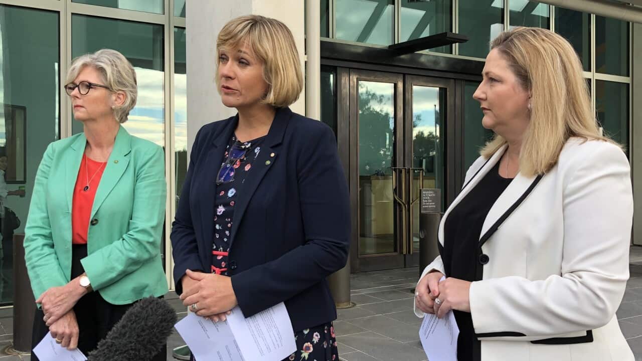 (L to R) Crossbench MPs Helen Haines, Zali Steggall and Rebekha Sharkie speak during a press conference to call for an independent inquiry into the Brittany Higgins case, Canberra, Wednesday, February 17, 2021. (AAP Image/Marion Rae) NO ARCHIVING