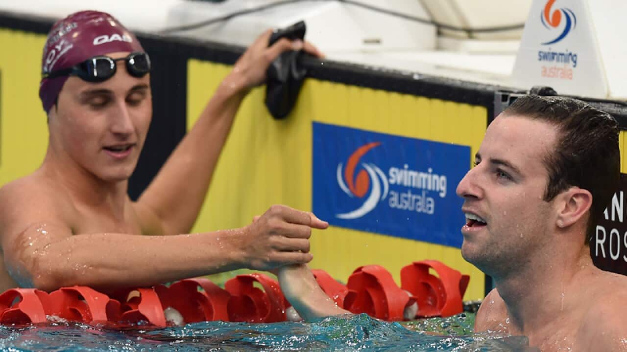 James Magnussen (right) is congratulated by Cameron McEvoy