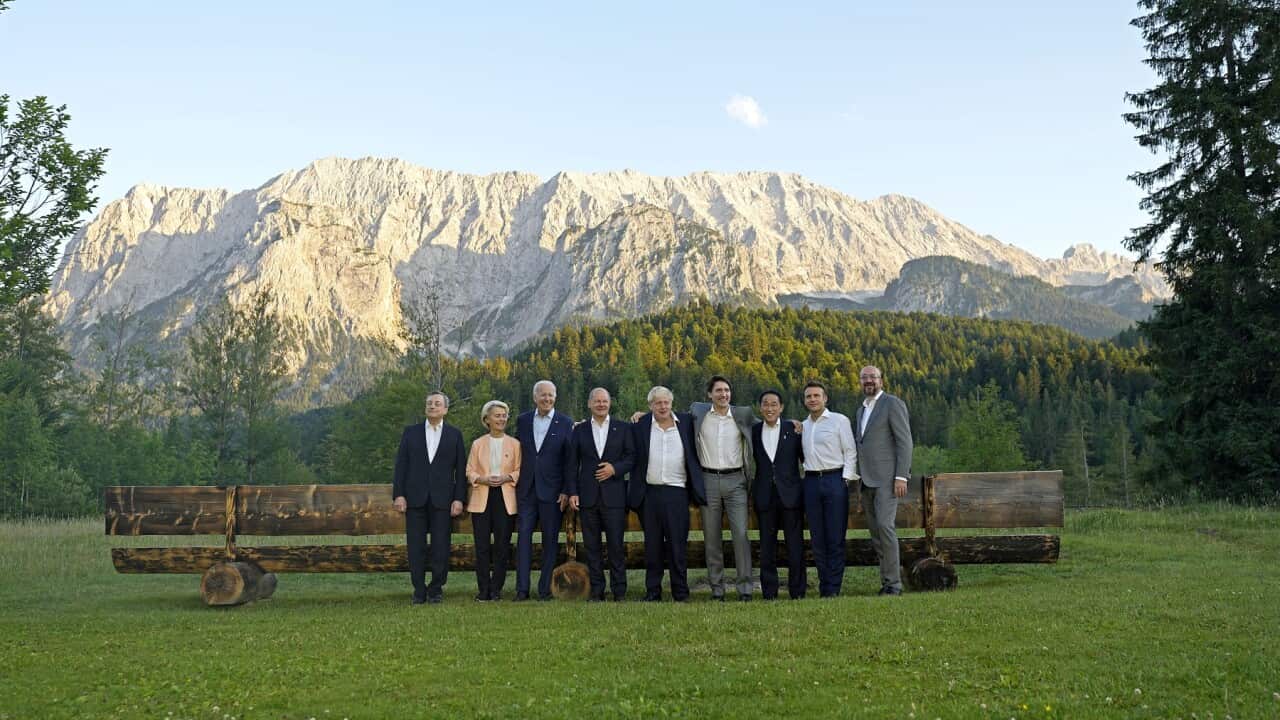 G7 leaders pose during a group photo at the G7 summit at Castle Elmau in Kruen, near Garmisch-Partenkirchen, Germany