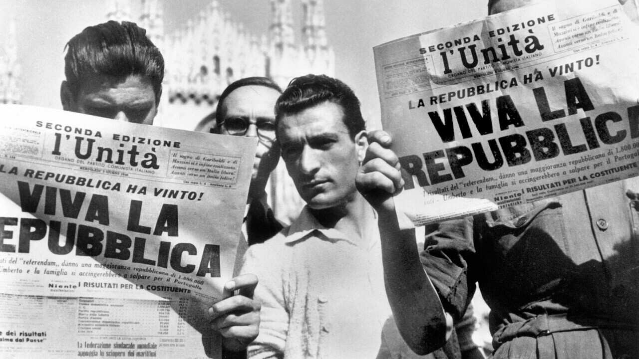 The proclamation of the Italian Republic, passed by the June 2nd referendum, is announced in the Italian newspapers and causes King Umberto II to be sent into exile