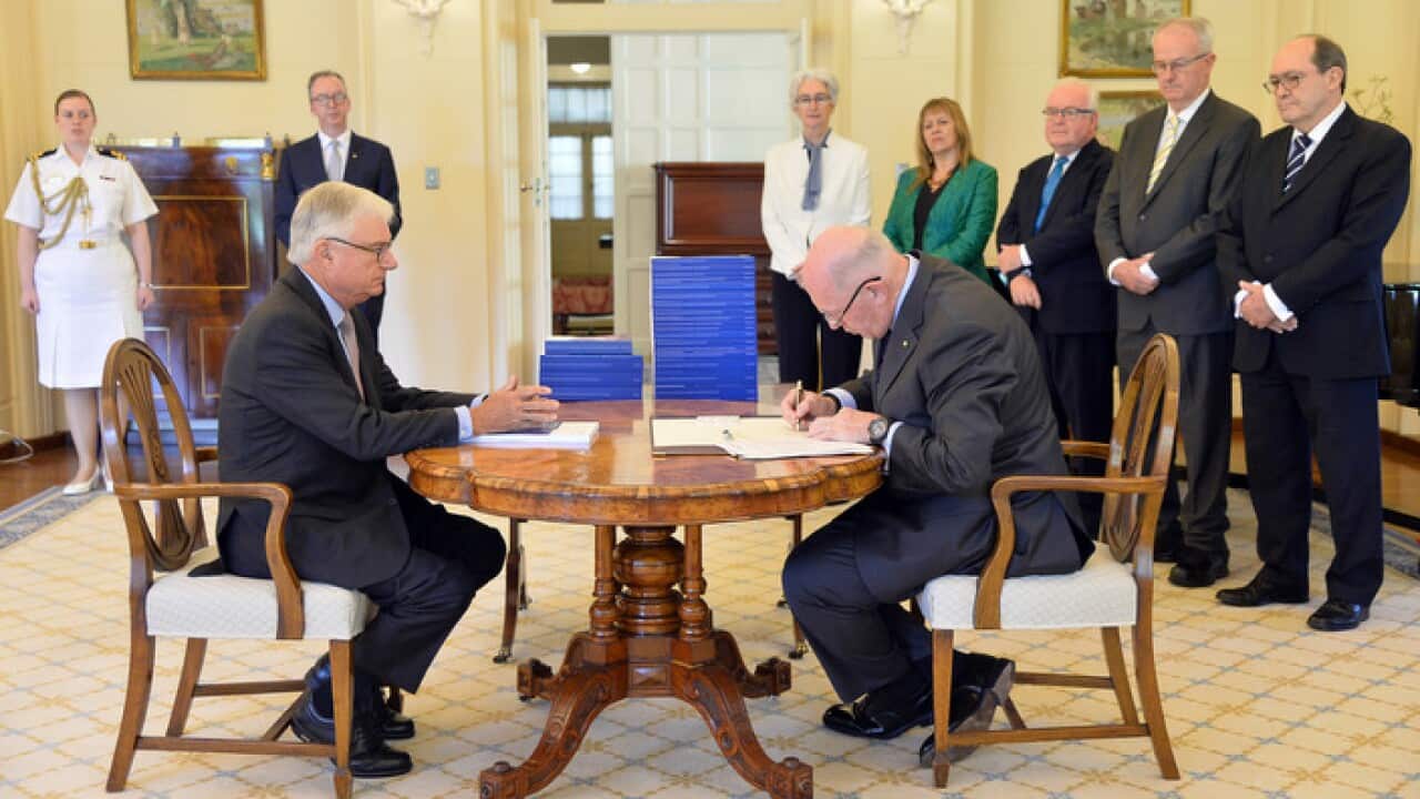 Commissioner Justice Peter McClellan (left) and the Governor-General of Australia Peter Cosgrove