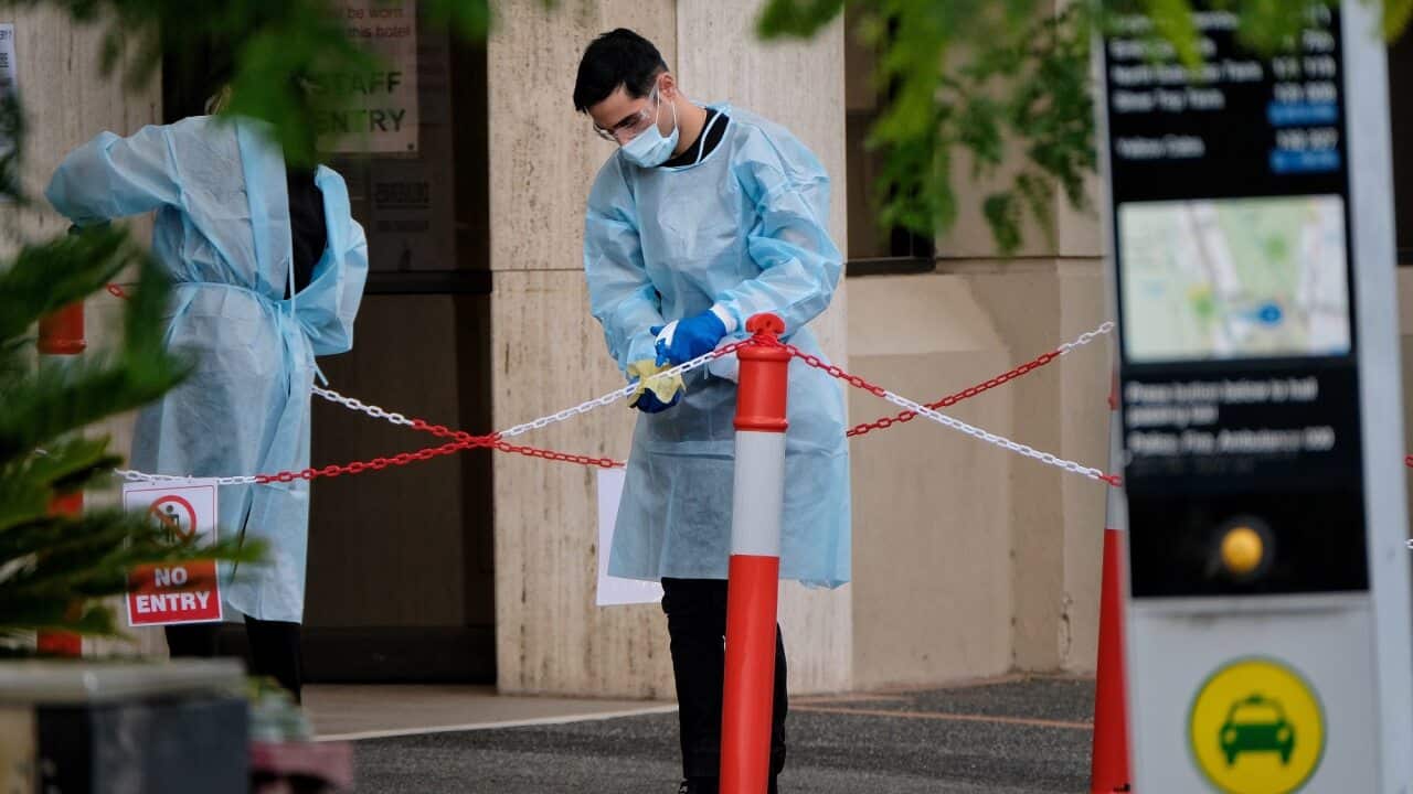 Cleaning staff are seen outside the View Hotel in Melbourne, one of the sites where Australian Open players and their entourage are quarantining.