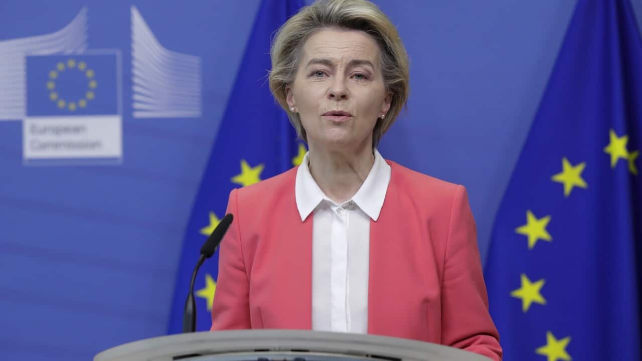 European Commission President Ursula von der Leyen talks to the media after extending talks