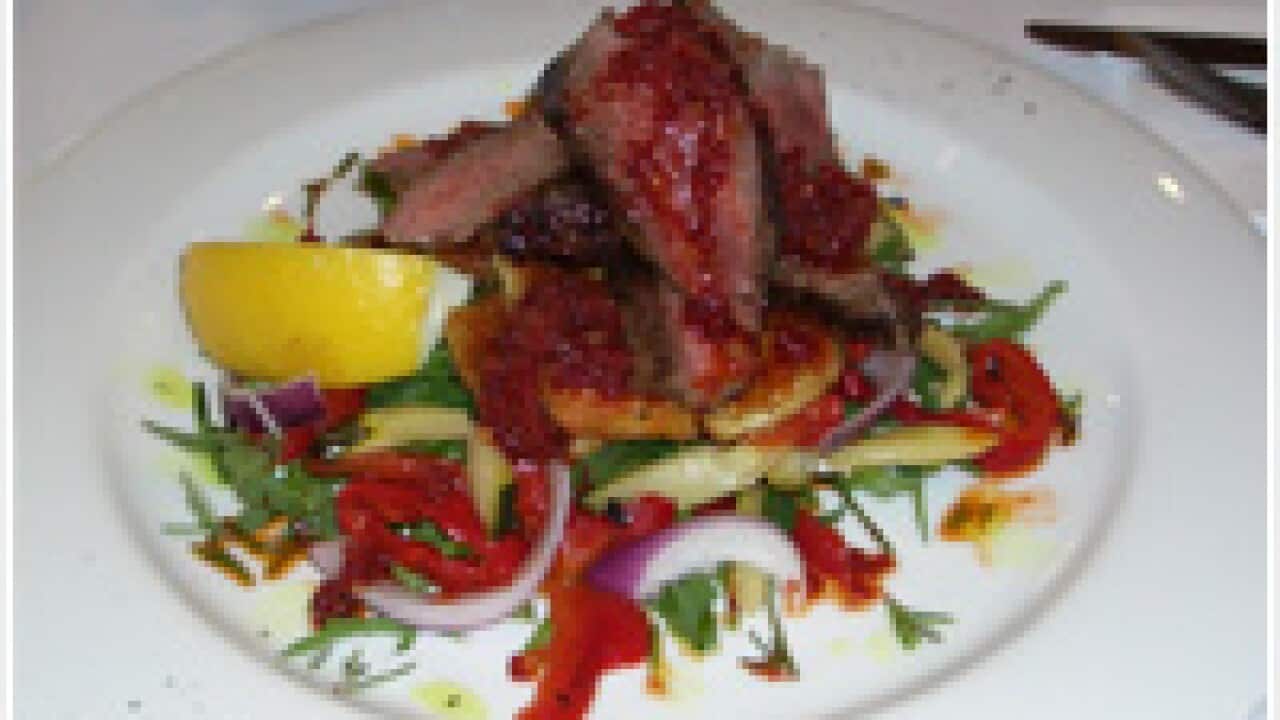 Rosemary lamb backstrap with red pepper, zuccinni and haloumi salad