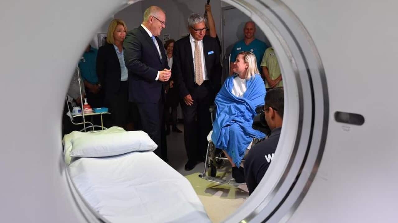 Scott Morrison and candidate Warren Mundine at Shellharbour Hospital.
