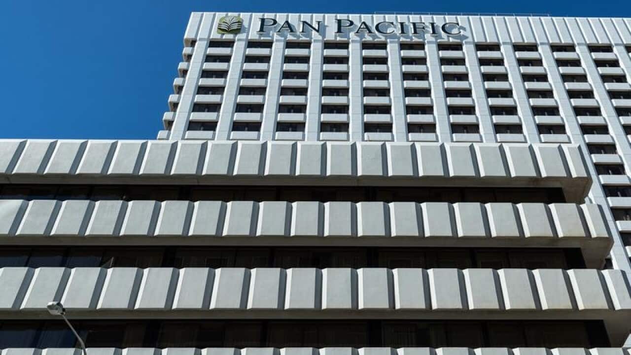 A general view of the Pan Pacific Hotel in Perth, Sunday, 2 May, 2021.