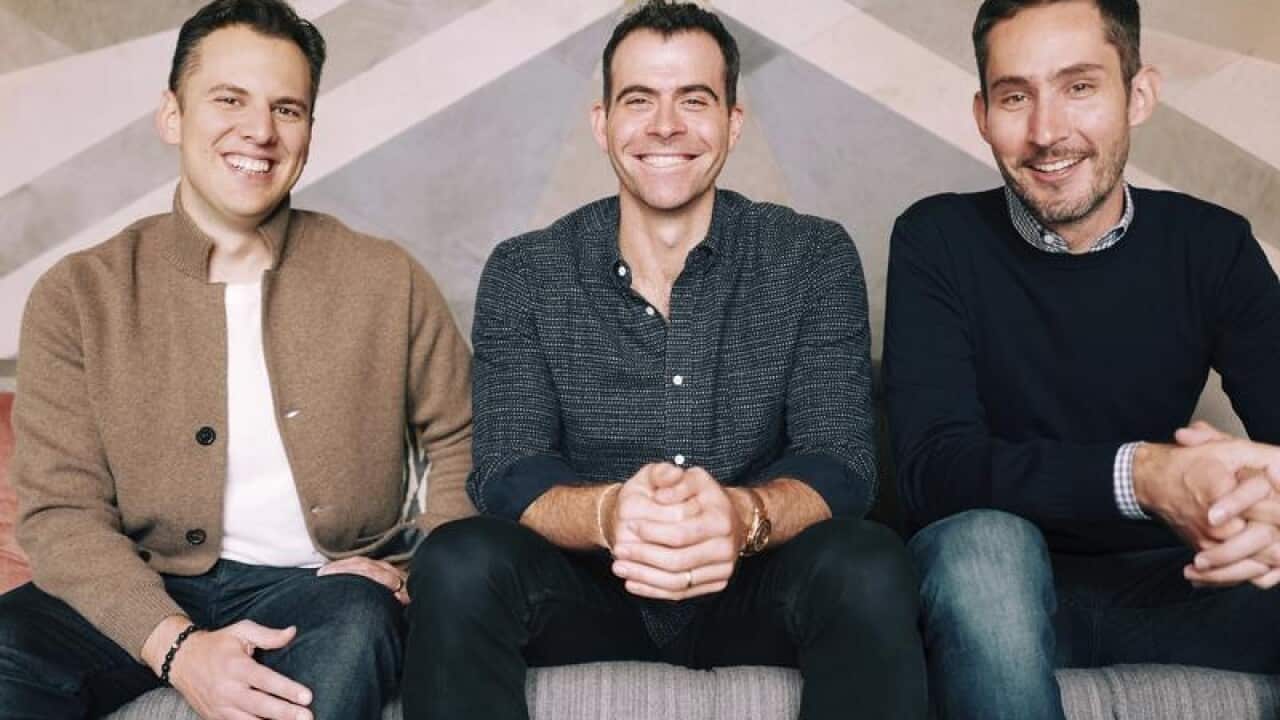 Mike Krieger (L) Adam Mosseri (C) and Kevin Systrom