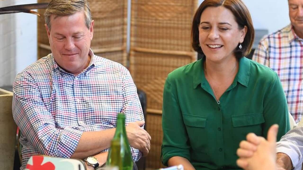Tim Nicholls and Deb Frecklington meeting family and friends.