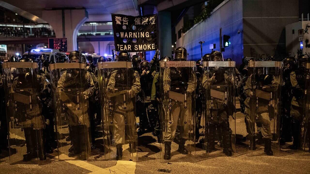Hong Kong riot police in formation.