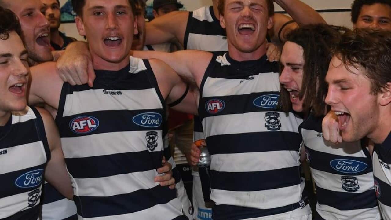 Cats debutantes celebrate AFL win against Collingwood Magpies.