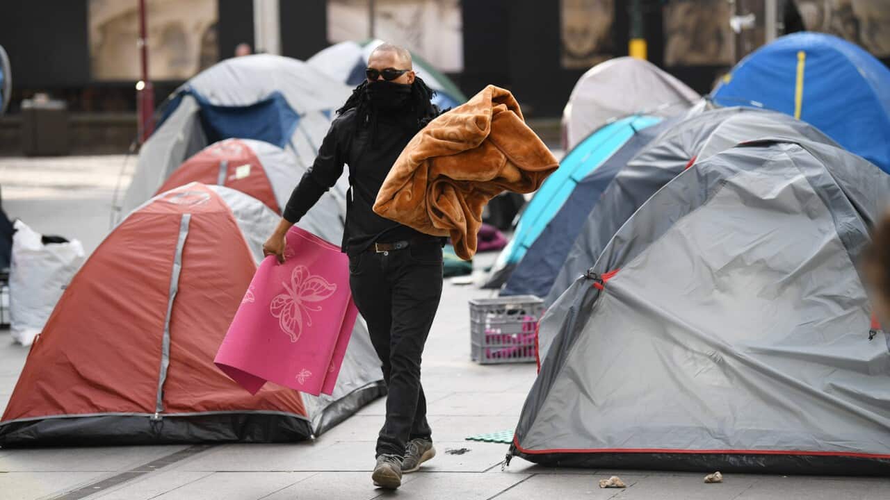 A man among tents at Martin Place Sydney (AAP)