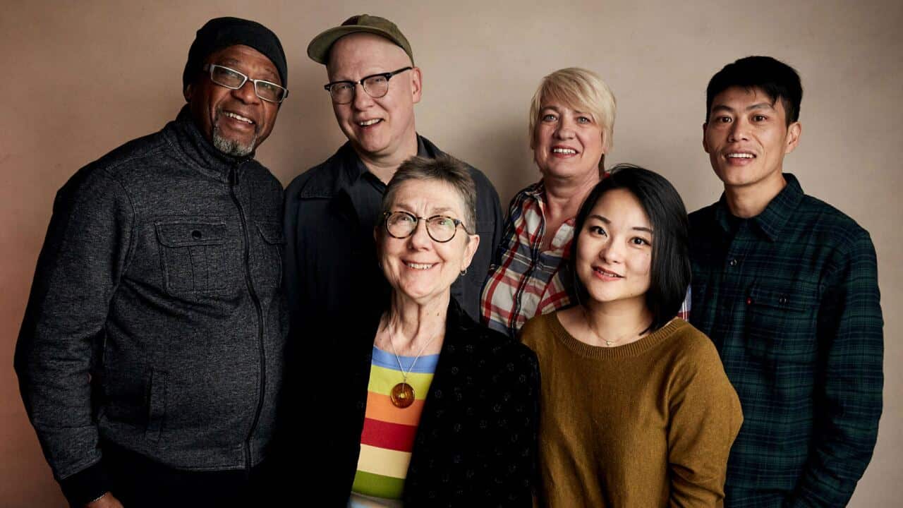 (L to R) Bobby Allen, director Steven Bognar, director Julia Reichert, Jill Lamantia, producer Yiqian Zhang and Wong He, from the film American Factory