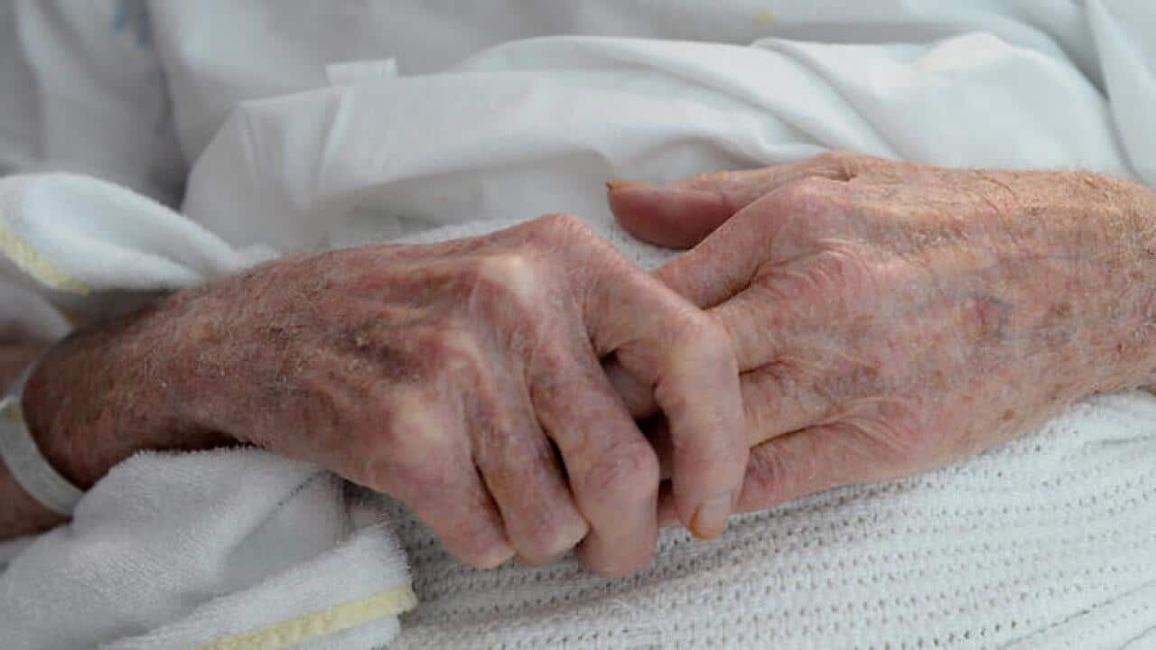 An elderly patient's hands with a hospital identification band at Liverpool Hospital, Sydney on Tuesday, June 11, 2013. (AAP Image/Dan Himbrechts) NO ARCHIVING