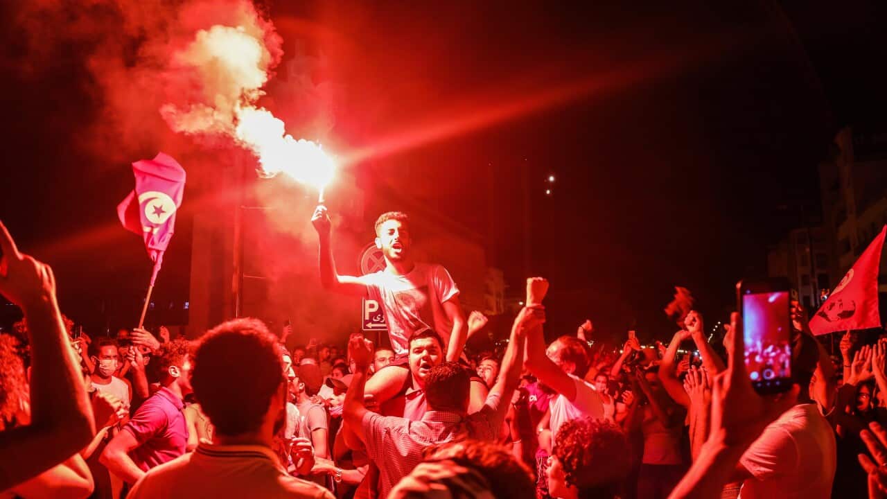 Supporters of Tunisia's President Kais Saied gather on the streets