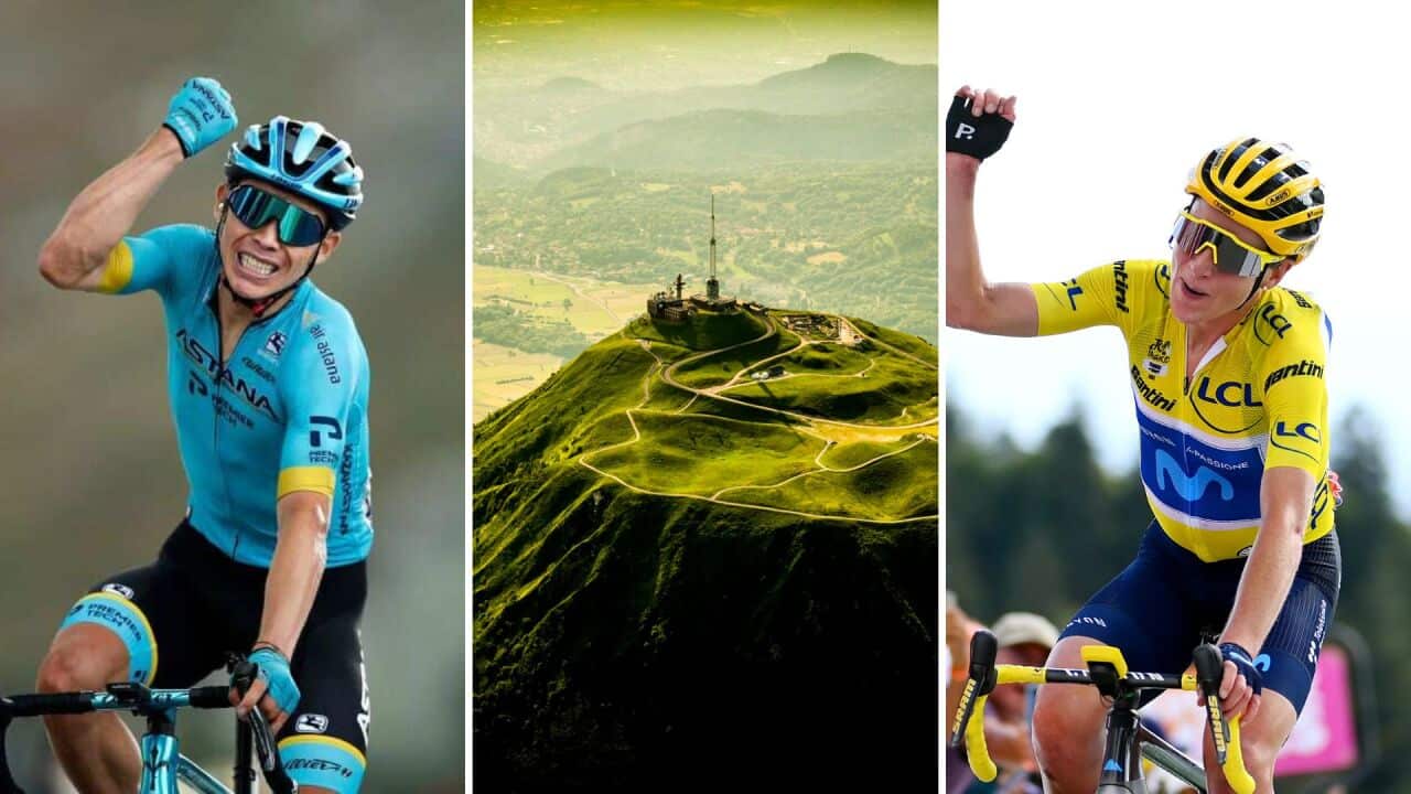 (L to R) Miguel Angel Lopez triumphs atop the Col de la Loze, the summit of the Puy de Dome, Annemiek van Vleuten wins atop La Planche des Belles Filles.